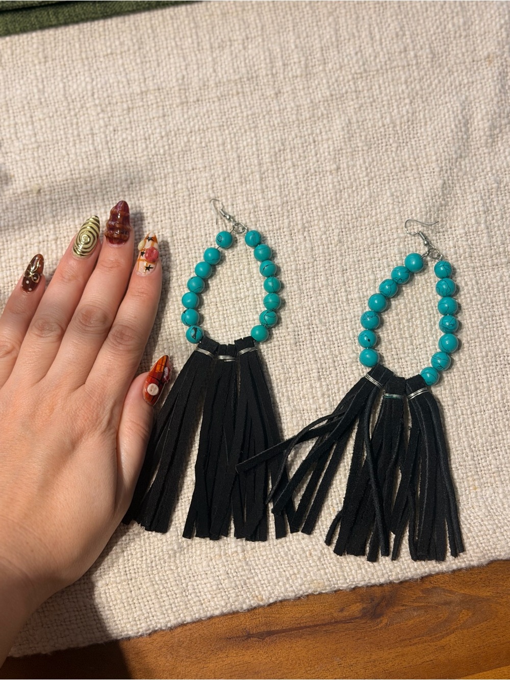 Turquoise Bead and Black Fringe Drop Earrings - Women Jewelry